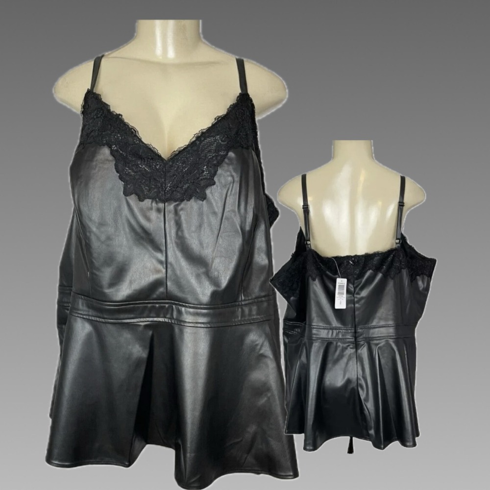 Torrid 4X Black Faux Leather Lined Floral Lace Trim Camisole Top Peplum Zip Back